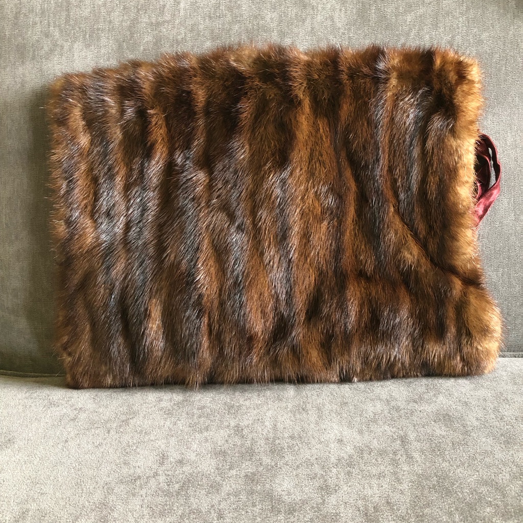 Vintage Mink Muff Silk Lined And Silk Strap With Zipper Internal Pocket Fur Muff